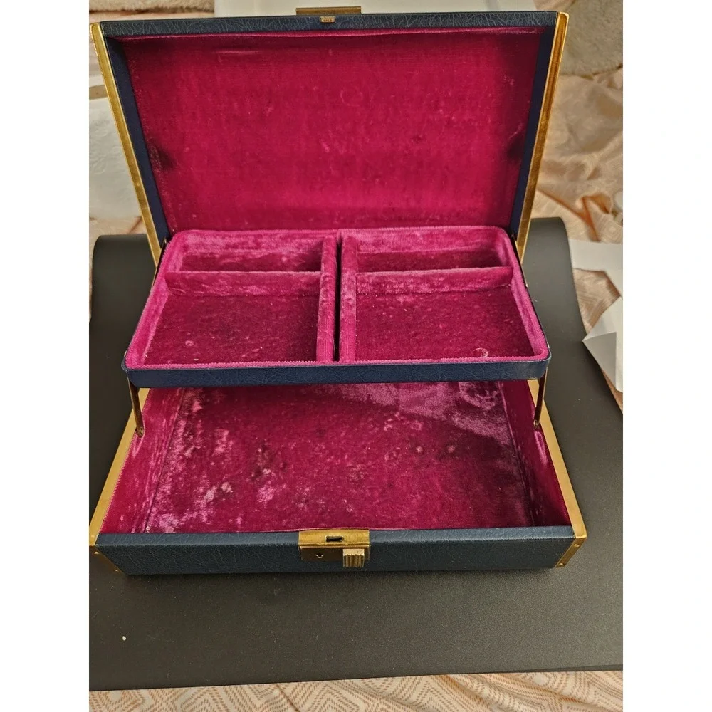 Vintage Farrington Green Jewelry Box Burgundy Velvet Sliding Tray No Key (638)